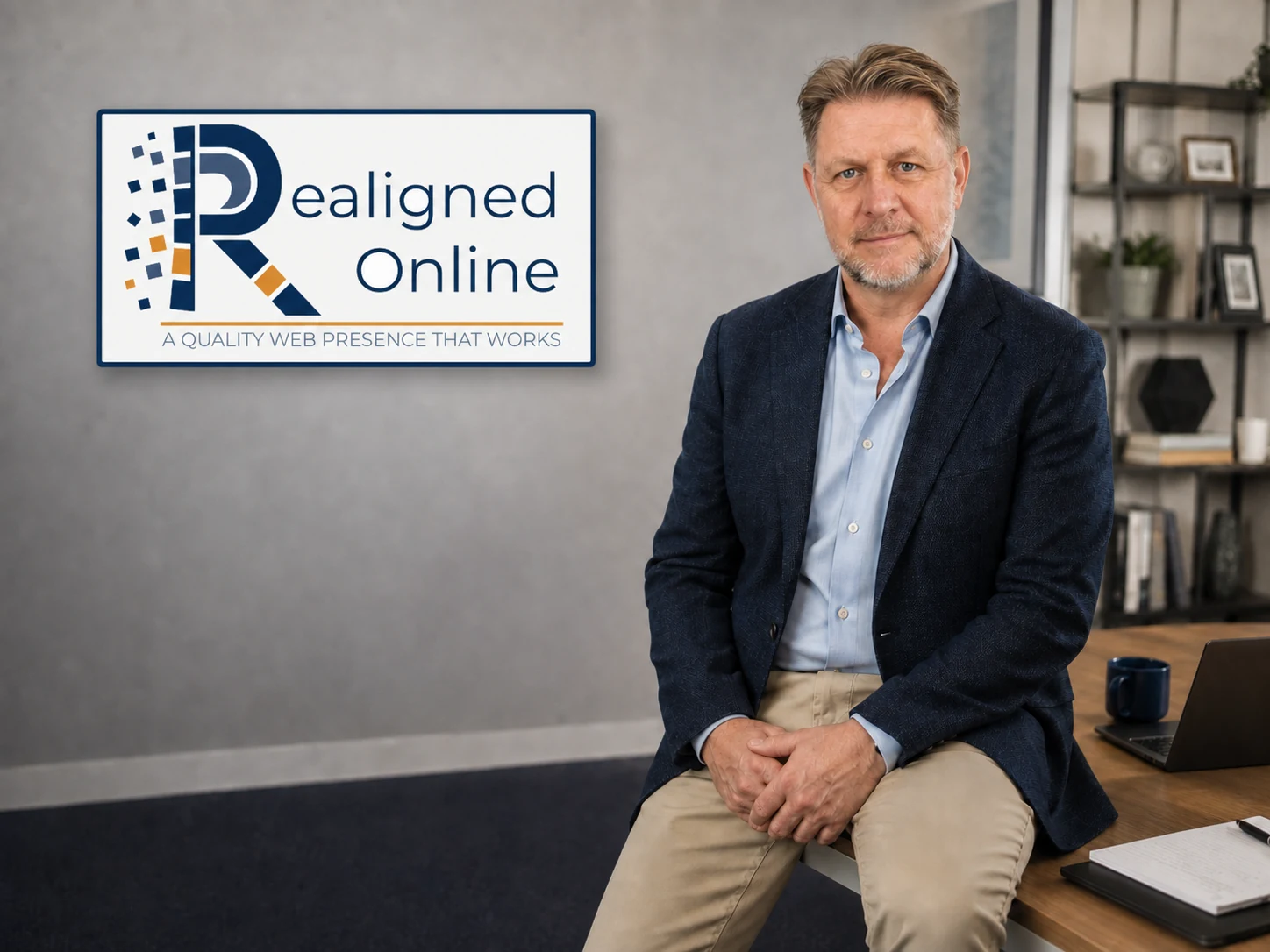 Chris Eastwood beside the Realigned Online wall banner