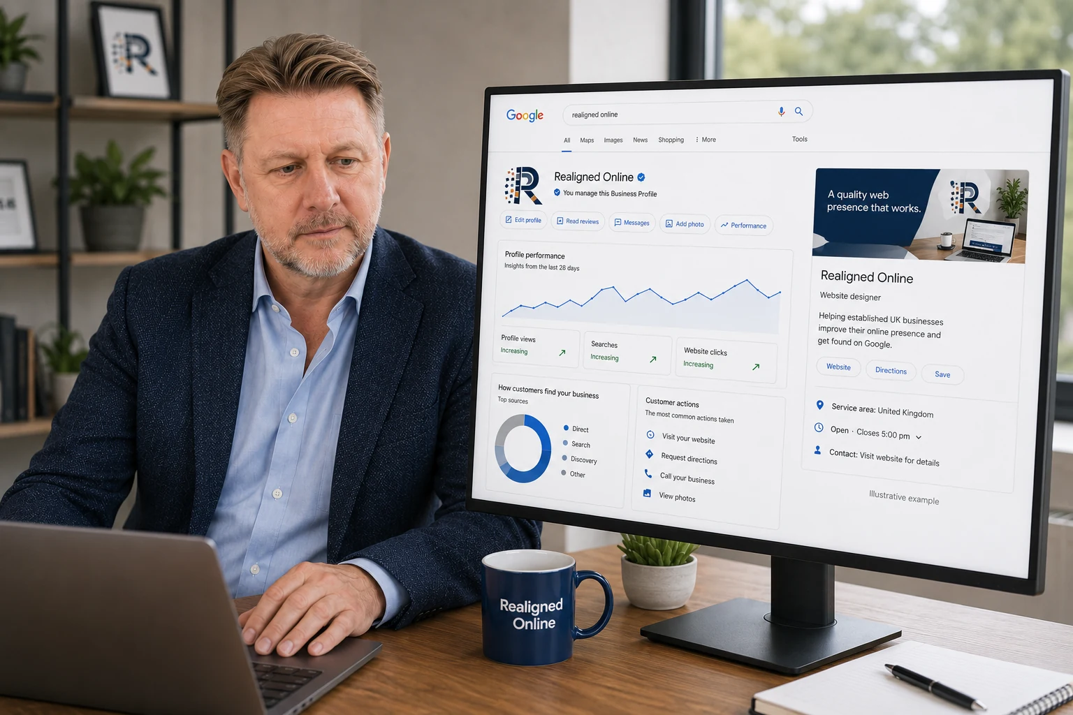 Chris Eastwood reviewing an illustrative Google Business Profile for Realigned Online